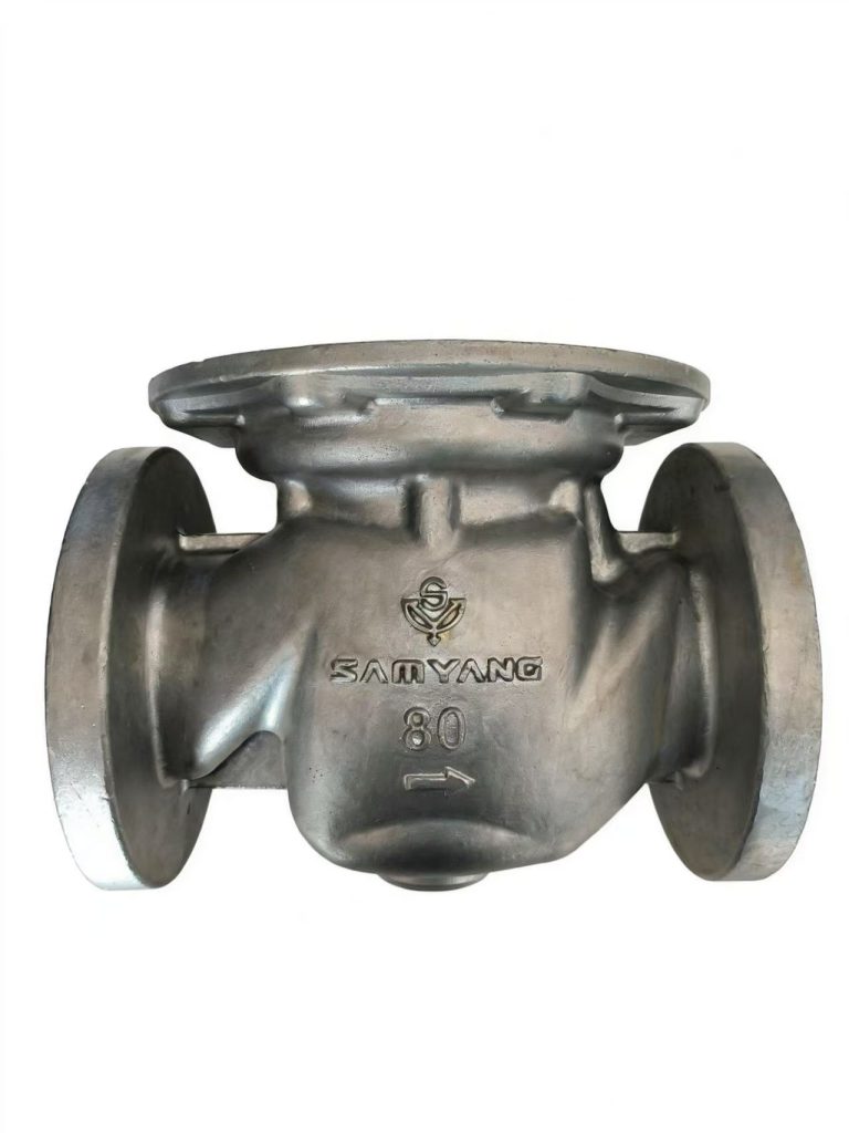 Precision investment cast stainless steel valve body with machined sealing surface for chemical industry.