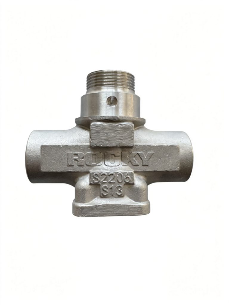 Stainless steel 4-way valve fitting with four threaded ports arranged in a cross pattern, metallic silver finish, used for fluid diversion in piping systems.